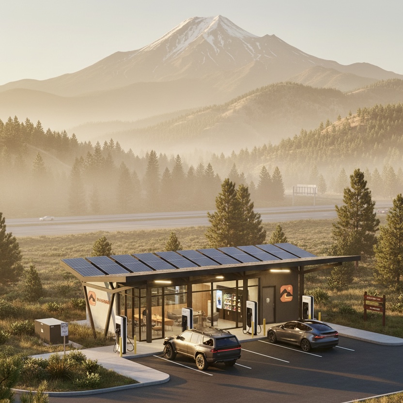 Mountain charging station with Mt. Shasta in background